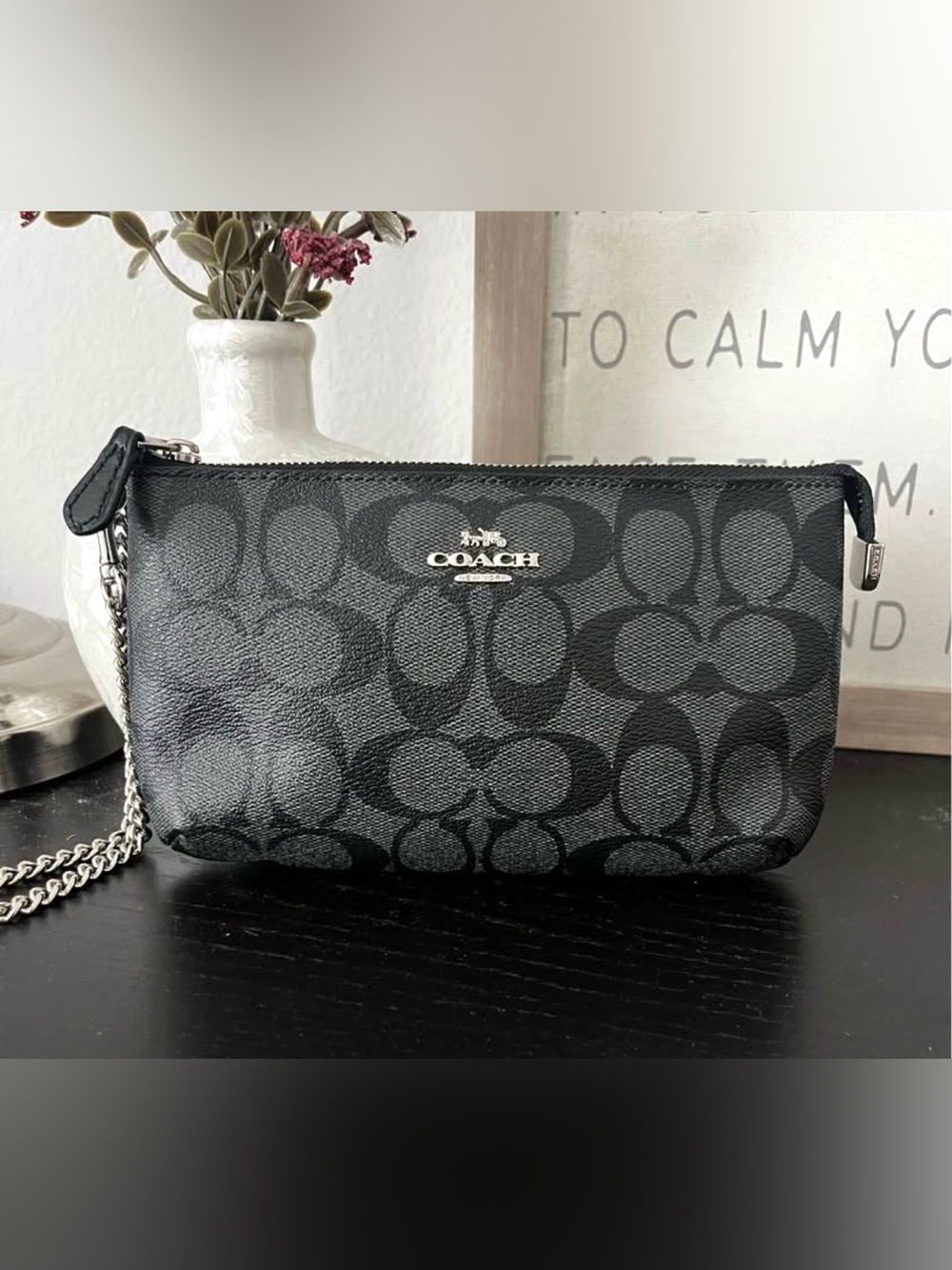 Coach Black Signature Canvas Wristlet with Silver Logo